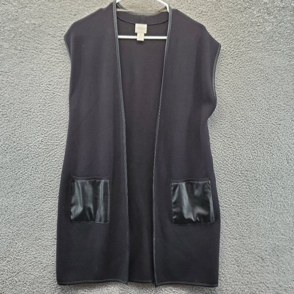 Chicos Longline Cardigan Size 1 Small Pockets Open Front Black Sleeveless‎